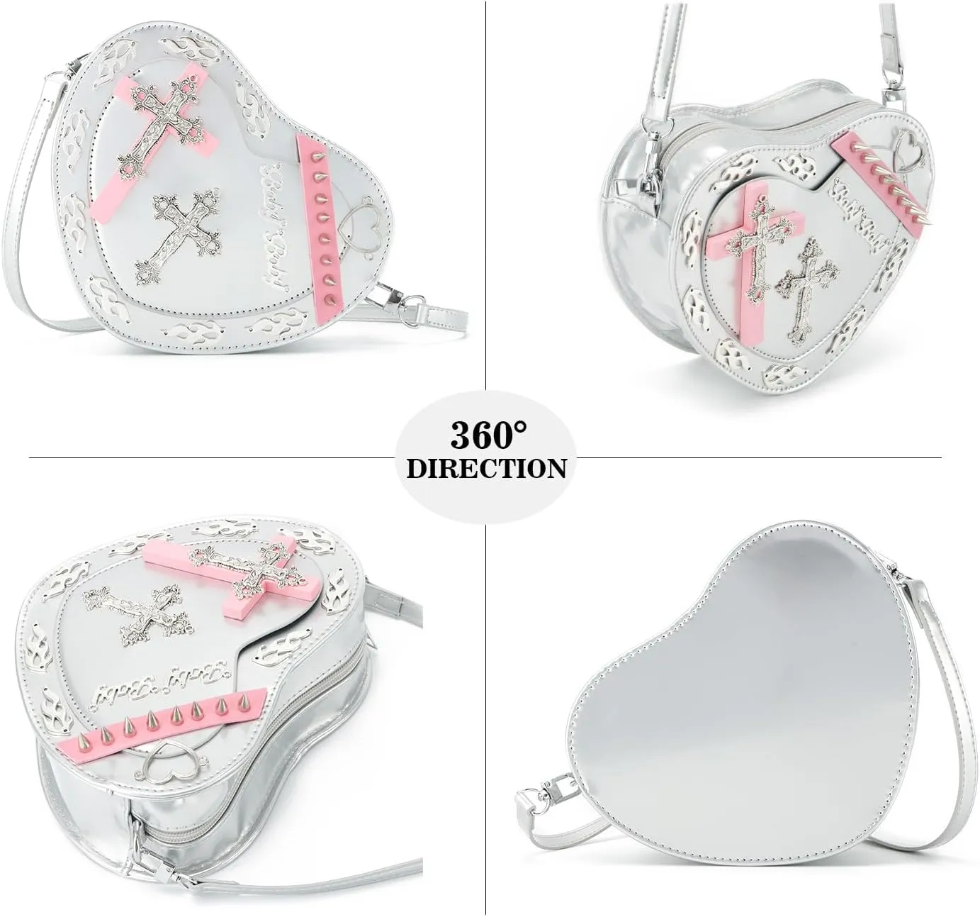 SUKUTU Women Gothic Punk Crossbody Bag Cute Heart Shaped Studded Shoulder Bag Purse