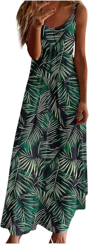 Summer Dresses for Women Boho Floral Print Maxi Sundress Fashion Casual Spaghetti Strap Vacation Outfit