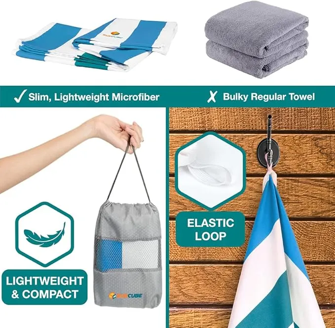 SUN CUBE Microfiber Beach Towel, Quick Dry Sand Free Beach Towel, Lightweight, Compact for Travel Swim Sports Camping, Packable Sand Resistant Towel Adult, Blue 60x30 Inches