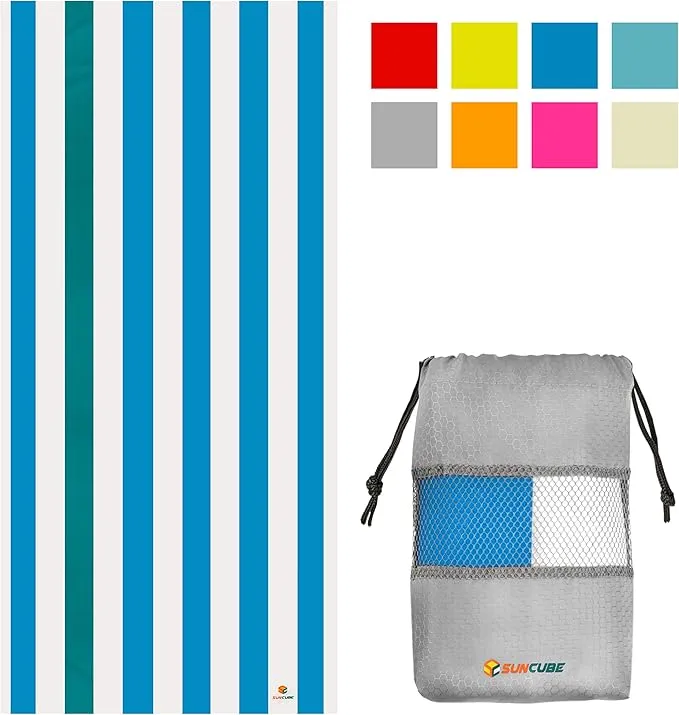SUN CUBE Microfiber Beach Towel, Quick Dry Sand Free Beach Towel, Lightweight, Compact for Travel Swim Sports Camping, Packable Sand Resistant Towel Adult - Blue 78x35 Inches