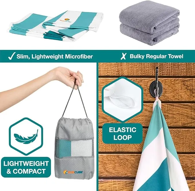 SUN CUBE Microfiber Beach Towel, Quick Dry Sand Free Beach Towel, Lightweight, Compact for Travel Swim Sports Camping, Packable Sand Resistant Towel Adult - Light Blue 78x35 Inches