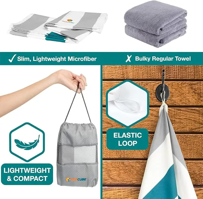 SUN CUBE Microfiber Beach Towel, Quick Dry Sand Free Beach Towel, Lightweight, Compact for Travel Swim Sports Camping, Packable Sand Resistant Towel Adult, Light Grey 60x30 Inches