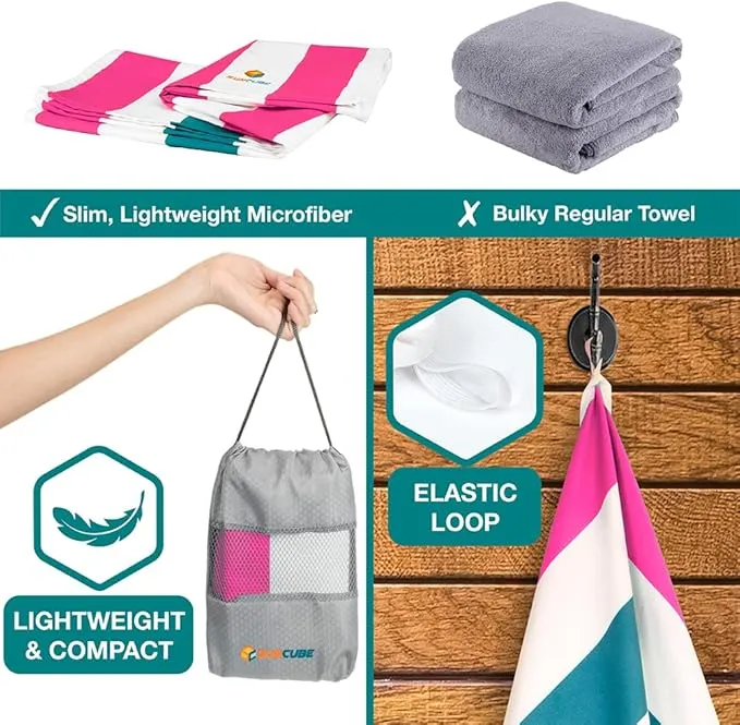 SUN CUBE Microfiber Beach Towel, Quick Dry Sand Free Beach Towel, Lightweight, Compact for Travel Swim Sports Camping, Packable Sand Resistant Towel Adult, Pink 60x30 Inches