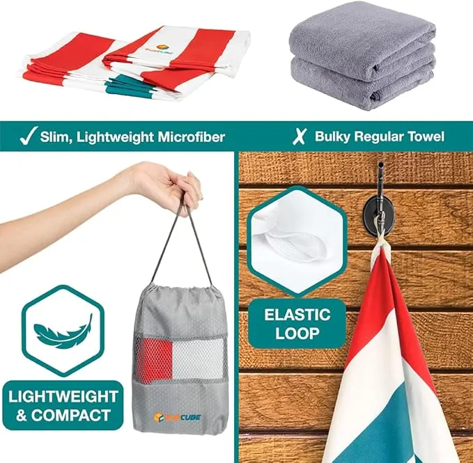 SUN CUBE Microfiber Beach Towel, Quick Dry Sand Free Beach Towel, Lightweight, Compact for Travel Swim Sports Camping, Packable Sand Resistant Towel Adult, Red 60x30 Inches