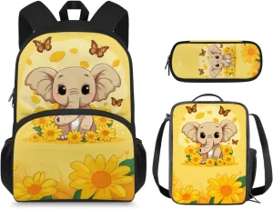 Sunflower Elephant Backpack for Girls Kids Backpack with Lunch Box and Soft Pencil Pouch 3 Pcs Set 15" Large Capacity Bookbag with Front Pocket for School Sturdy Kindergarten School Bag