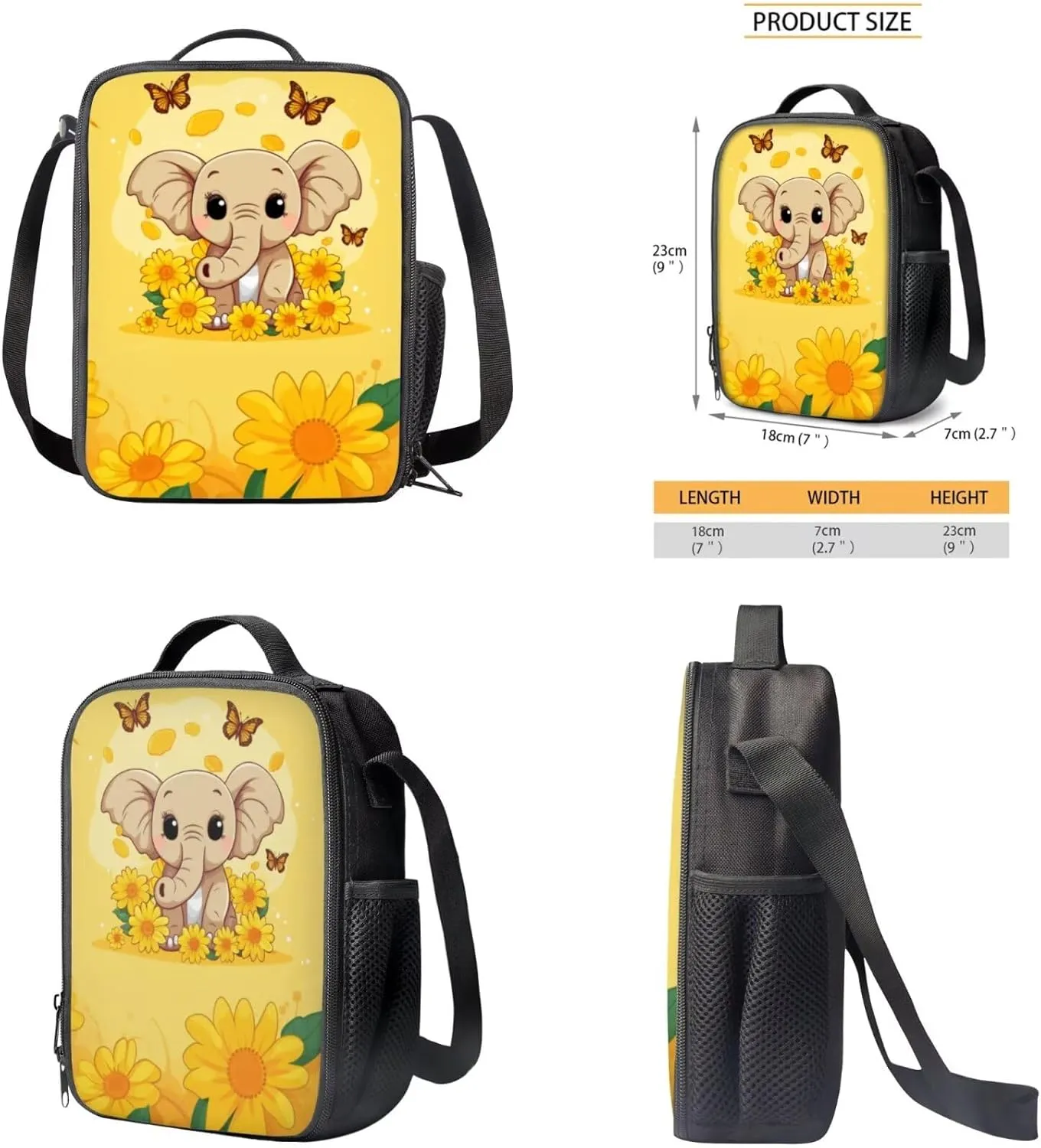 Sunflower Elephant Backpack for Girls Kids Backpack with Lunch Box and Soft Pencil Pouch 3 Pcs Set 15" Large Capacity Bookbag with Front Pocket for School Sturdy Kindergarten School Bag