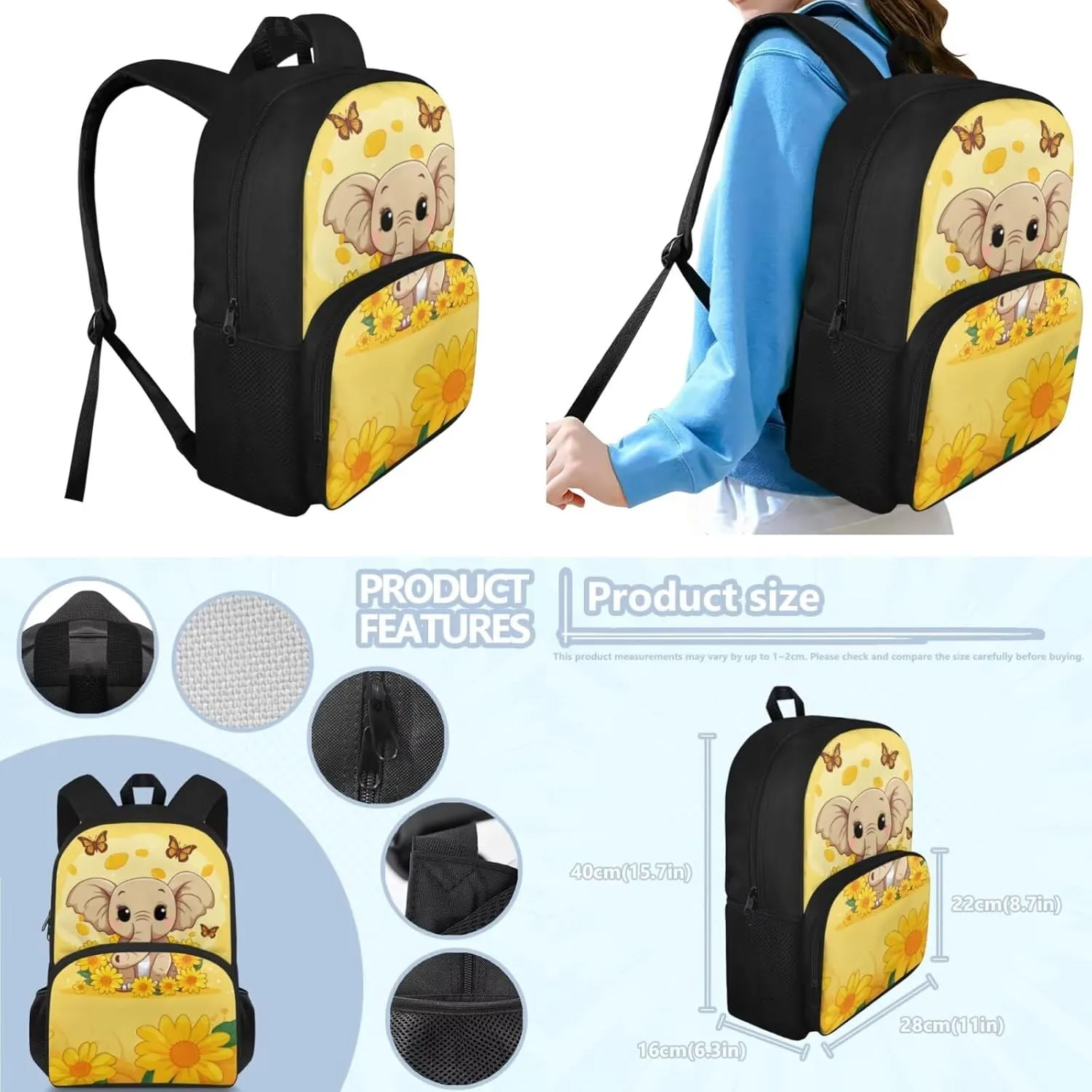 Sunflower Elephant Backpack for Girls Kids Backpack with Lunch Box and Soft Pencil Pouch 3 Pcs Set 15" Large Capacity Bookbag with Front Pocket for School Sturdy Kindergarten School Bag