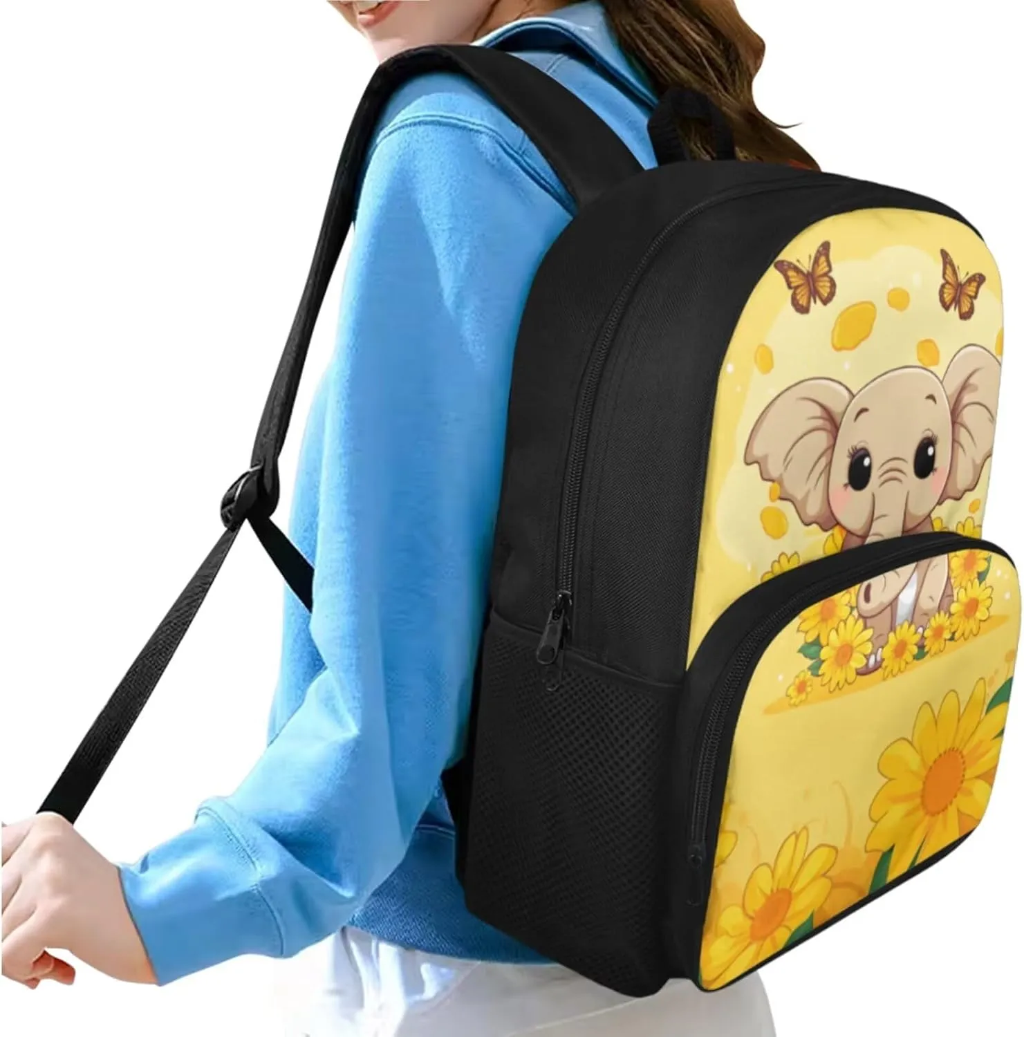 Sunflower Elephant Backpack for Girls Kids Backpack with Lunch Box and Soft Pencil Pouch 3 Pcs Set 15" Large Capacity Bookbag with Front Pocket for School Sturdy Kindergarten School Bag