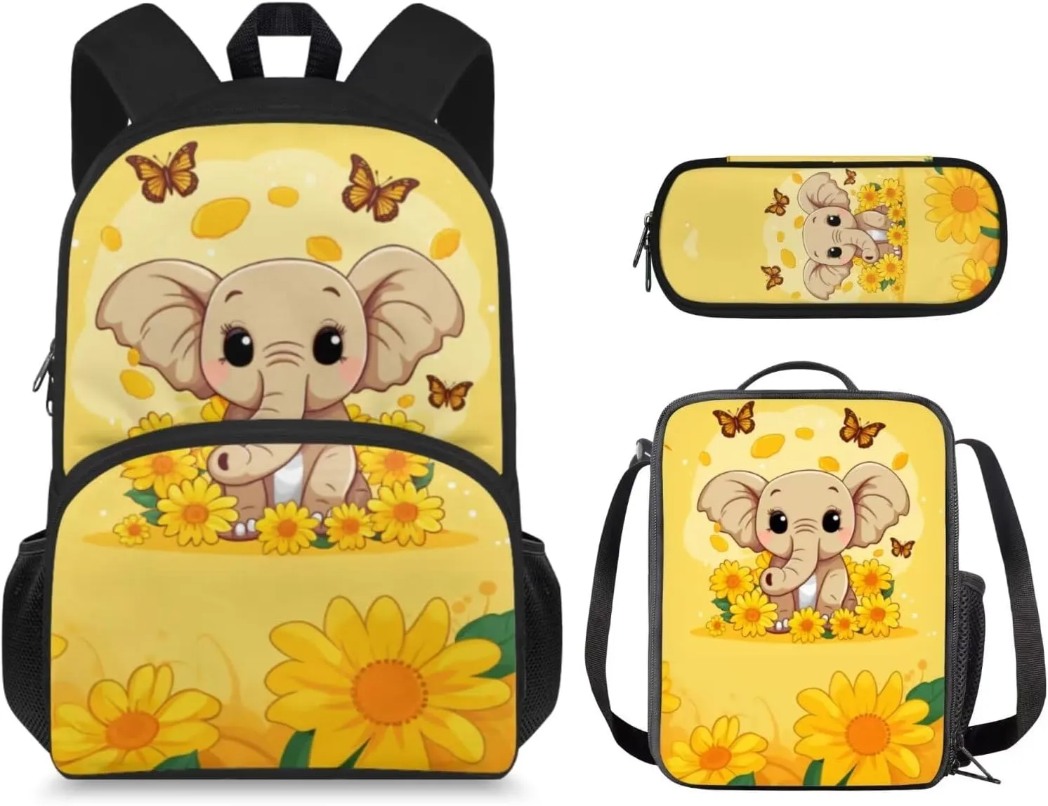 Sunflower Elephant Backpack for Girls Kids Backpack with Lunch Box and Soft Pencil Pouch 3 Pcs Set 15" Large Capacity Bookbag with Front Pocket for School Sturdy Kindergarten School Bag
