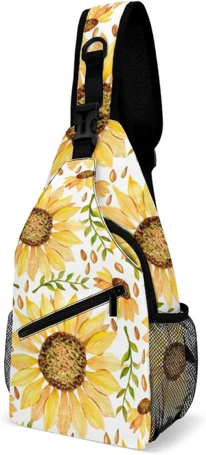 Sunflowers Watercolor Twigs Sling Bag Crossbody for Women Men Lightweight Adjustable Extender Strap White Summer Shoulder Backpack with Water Bottle Holder Casual Daypack for Hiking Travel