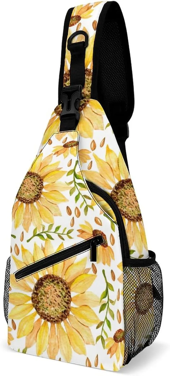 Sunflowers Watercolor Twigs Sling Bag Crossbody for Women Men Lightweight Adjustable Extender Strap White Summer Shoulder Backpack with Water Bottle Holder Casual Daypack for Hiking Travel