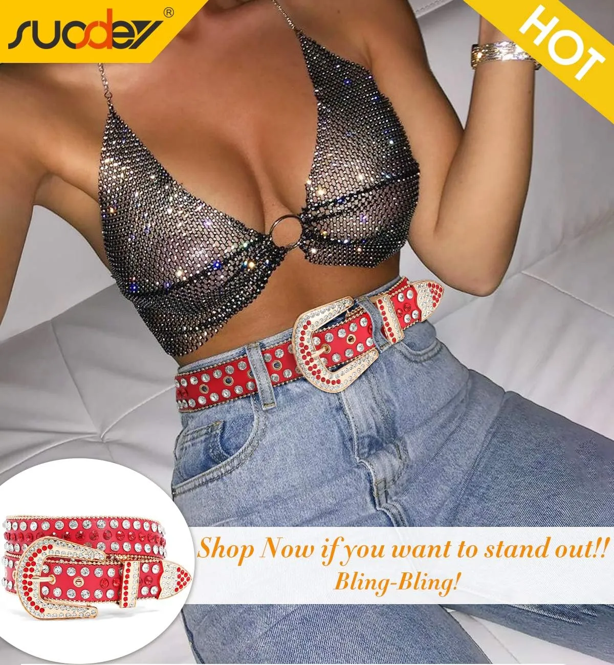 SUOSDEY Rhinestone Belt for Men Women Western Cowboy Cowgirl Bling Studded Leather Belt for Jeans Pants