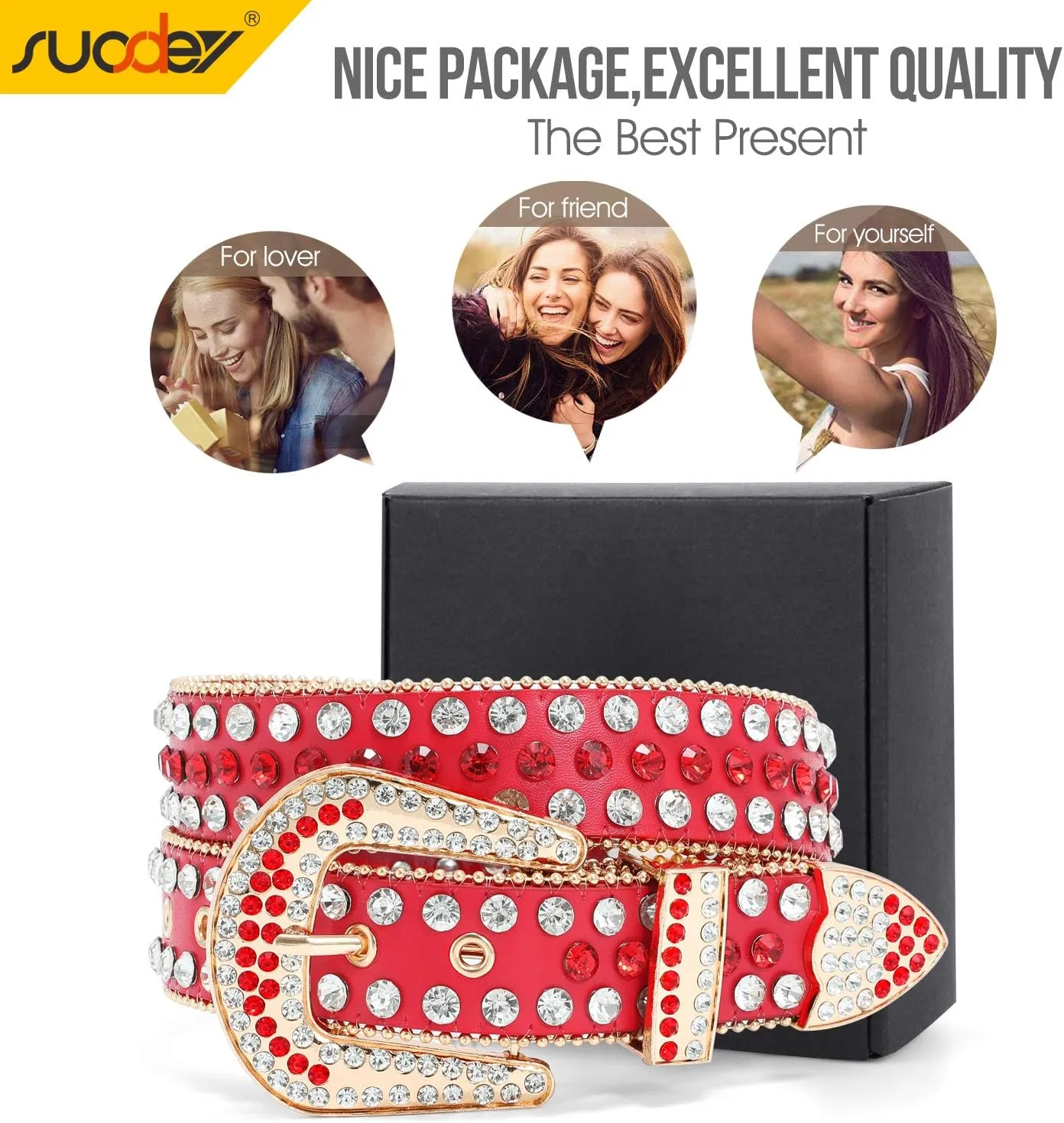 SUOSDEY Rhinestone Belt for Men Women Western Cowboy Cowgirl Bling Studded Leather Belt for Jeans Pants