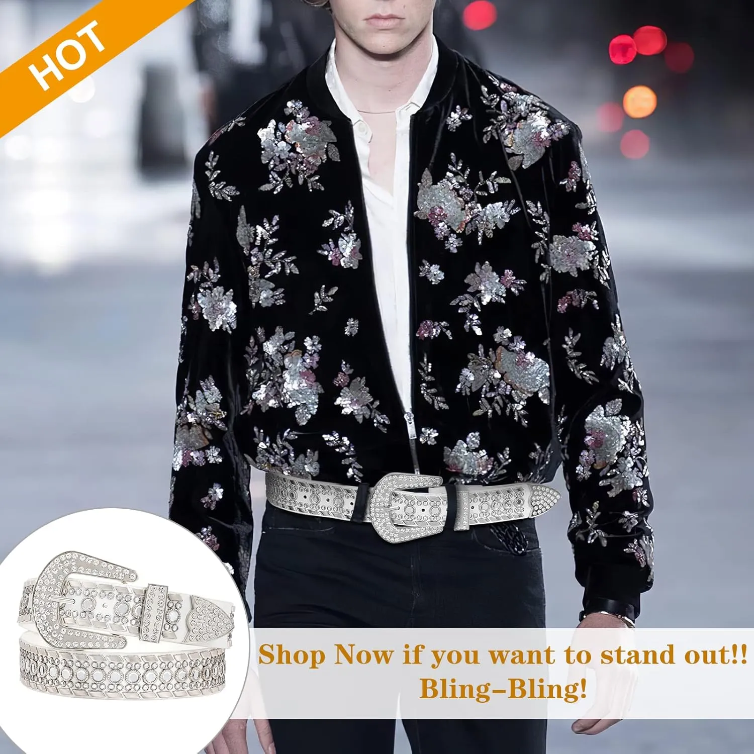 SUOSDEY Rhinestone Belt for Men Women Western Cowboy Cowgirl Bling Studded Leather Belt for Jeans Pants