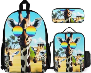 Supdreamc Crazy Cool Giraffe Art Backpack Sets Daypack 3 Piece Multipurpose Backpack Lunch Bag Pencil Case Big Capacity Carry On Bag, One Size