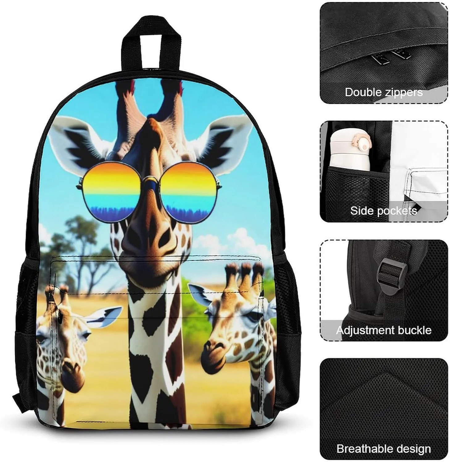 Supdreamc Crazy Cool Giraffe Art Backpack Sets Daypack 3 Piece Multipurpose Backpack Lunch Bag Pencil Case Big Capacity Carry On Bag, One Size