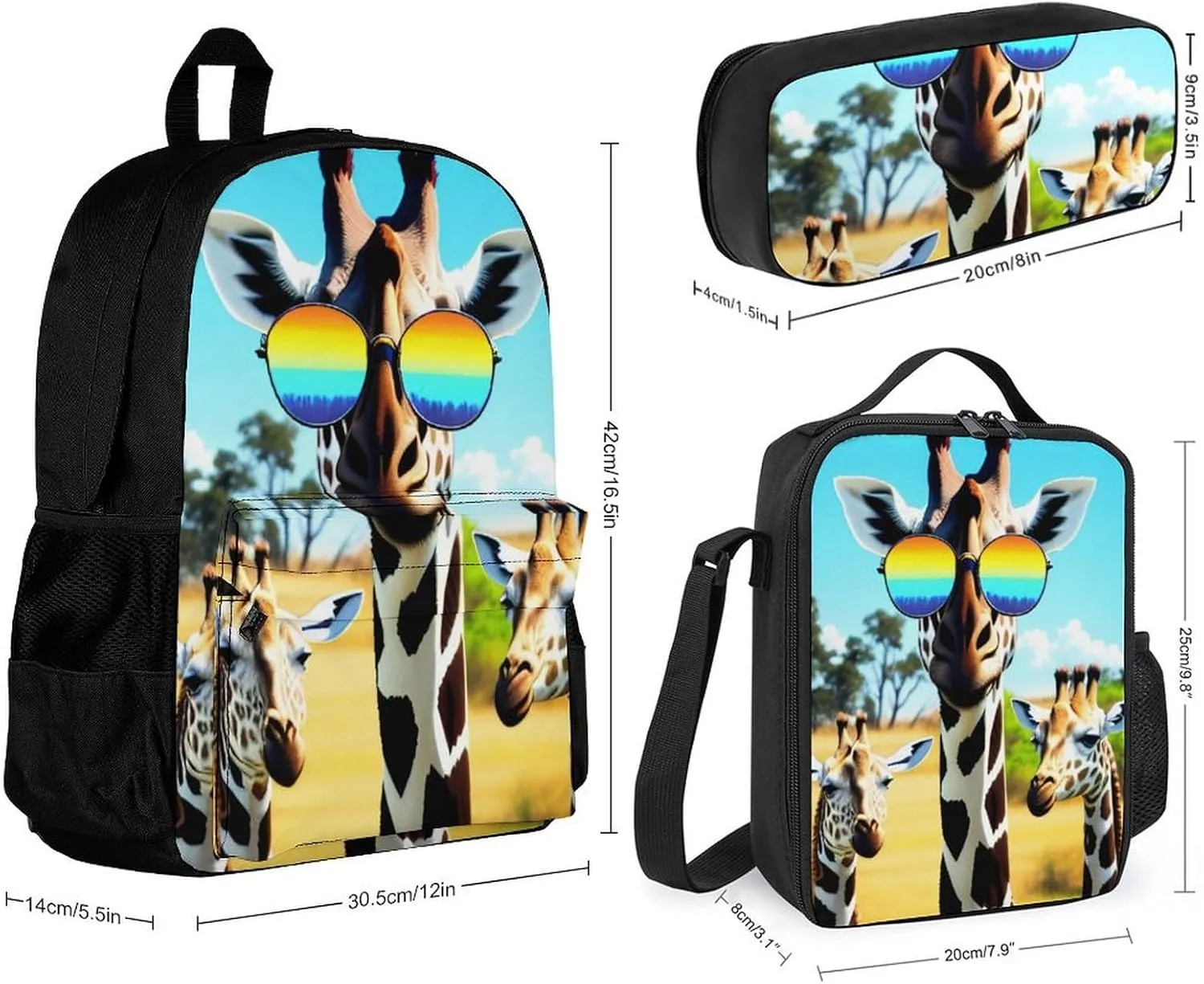 Supdreamc Crazy Cool Giraffe Art Backpack Sets Daypack 3 Piece Multipurpose Backpack Lunch Bag Pencil Case Big Capacity Carry On Bag, One Size