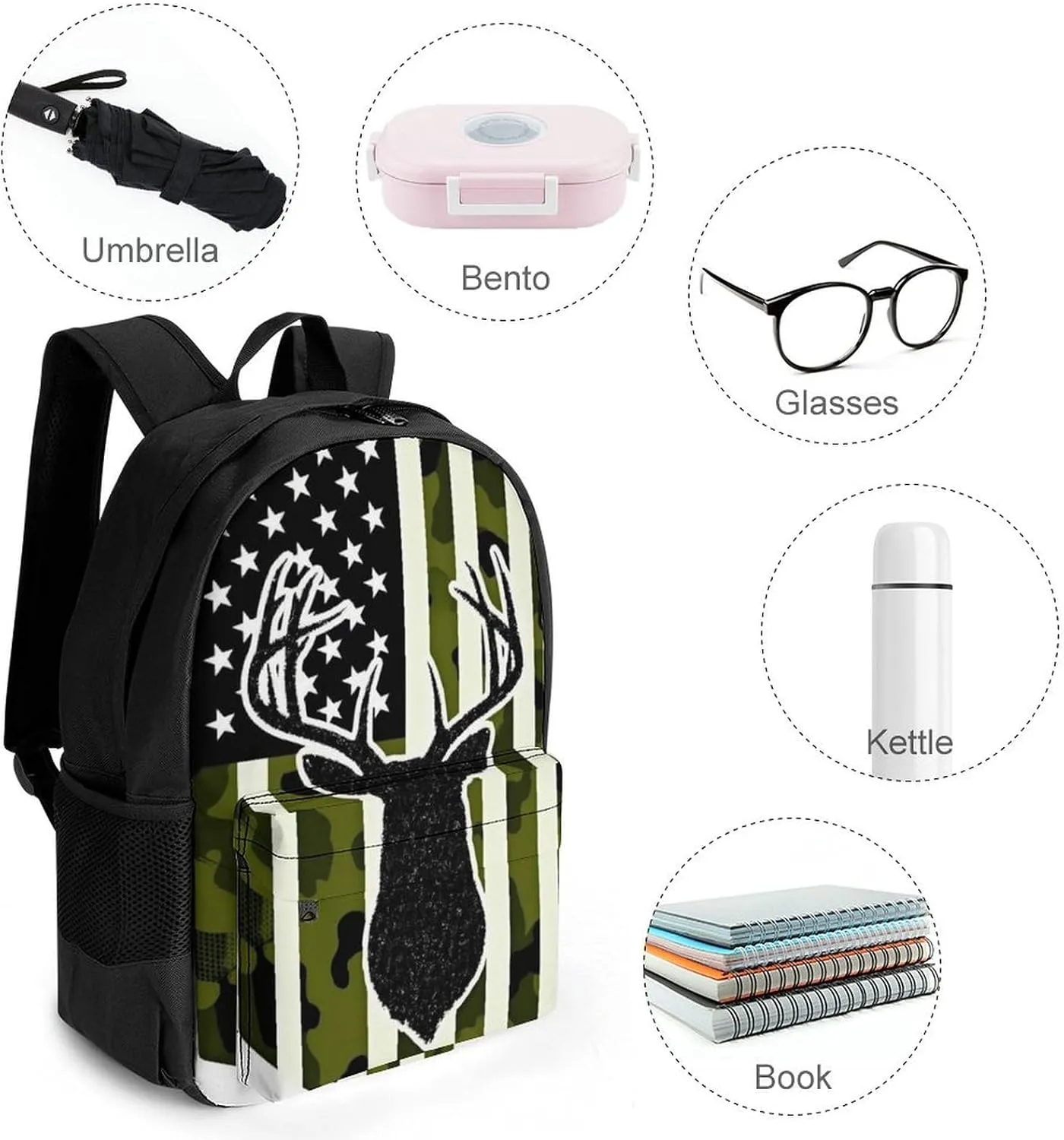 Supdreamc Men & Women Lightweight Camouflage American Flag Hunting Deer Camo Black Casual Daypack Large Capacity Bookbag With Adjustable Shoulder Straps for Gym Business Bicycle