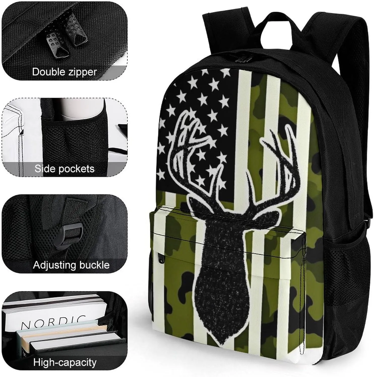 Supdreamc Men & Women Lightweight Camouflage American Flag Hunting Deer Camo Black Casual Daypack Large Capacity Bookbag With Adjustable Shoulder Straps for Gym Business Bicycle