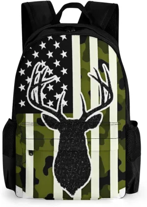 Supdreamc Men & Women Lightweight Camouflage American Flag Hunting Deer Camo Black Casual Daypack Large Capacity Bookbag With Adjustable Shoulder Straps for Gym Business Bicycle
