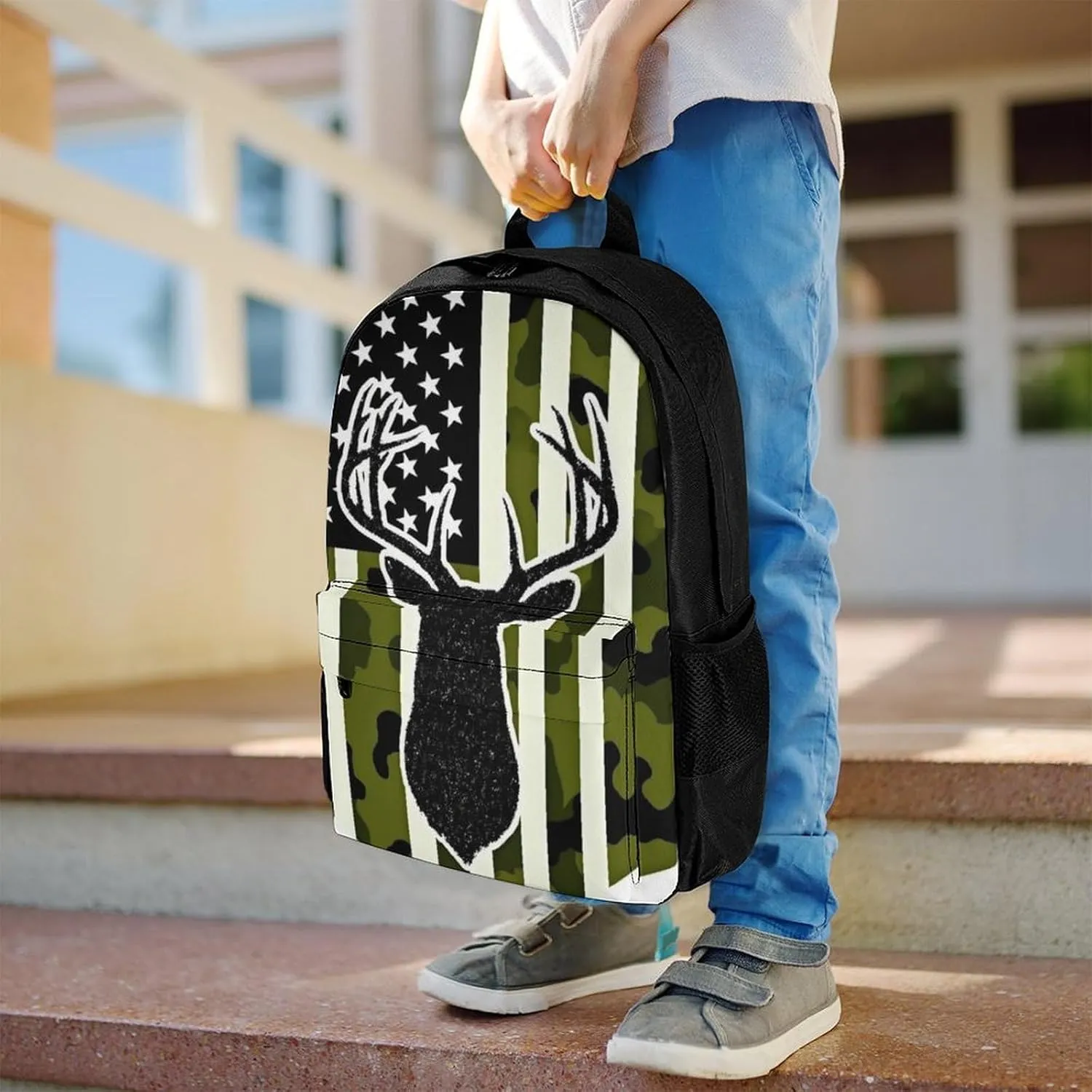Supdreamc Men & Women Lightweight Camouflage American Flag Hunting Deer Camo Black Casual Daypack Large Capacity Bookbag With Adjustable Shoulder Straps for Gym Business Bicycle