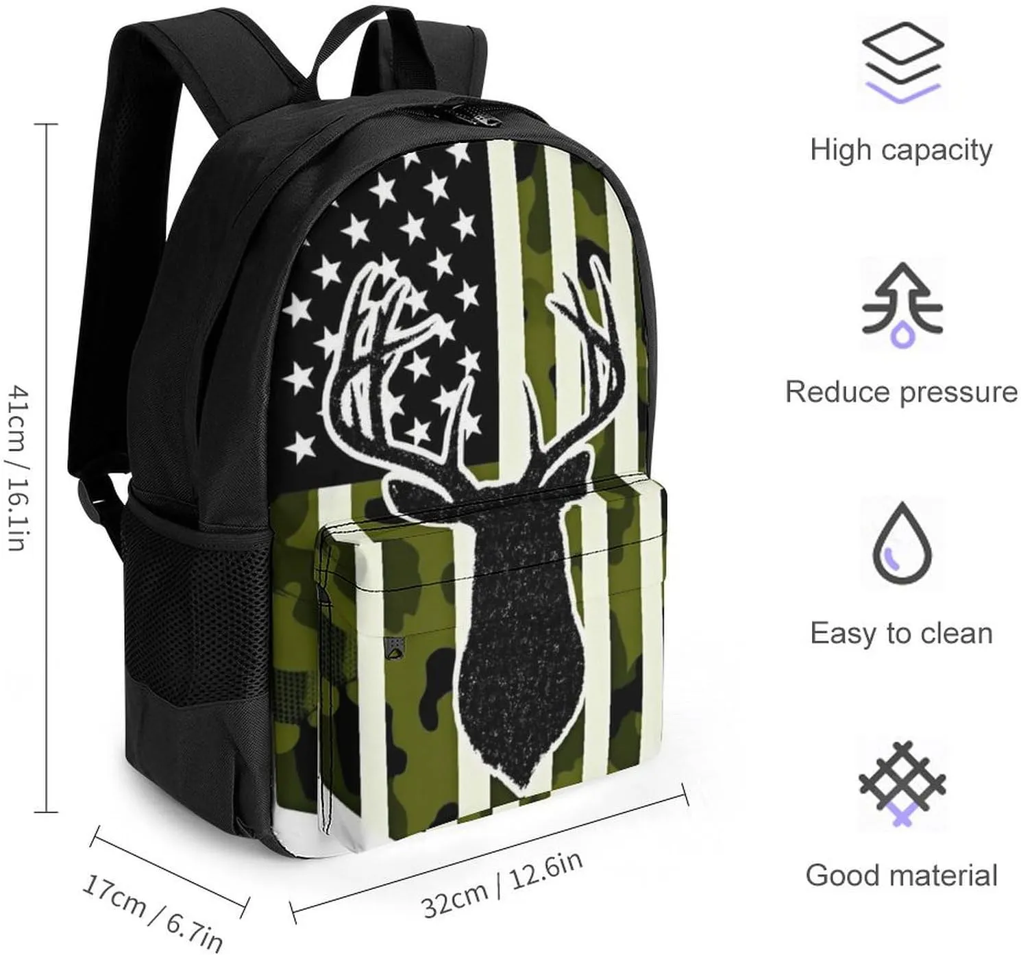Supdreamc Men & Women Lightweight Camouflage American Flag Hunting Deer Camo Black Casual Daypack Large Capacity Bookbag With Adjustable Shoulder Straps for Gym Business Bicycle