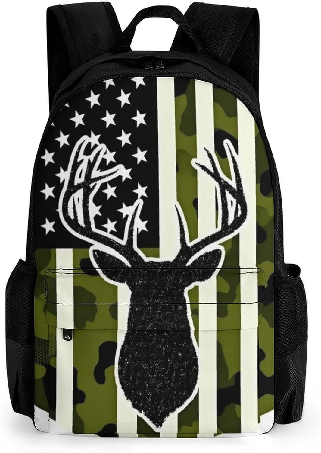 Supdreamc Men & Women Lightweight Camouflage American Flag Hunting Deer Camo Black Casual Daypack Large Capacity Bookbag With Adjustable Shoulder Straps for Gym Business Bicycle