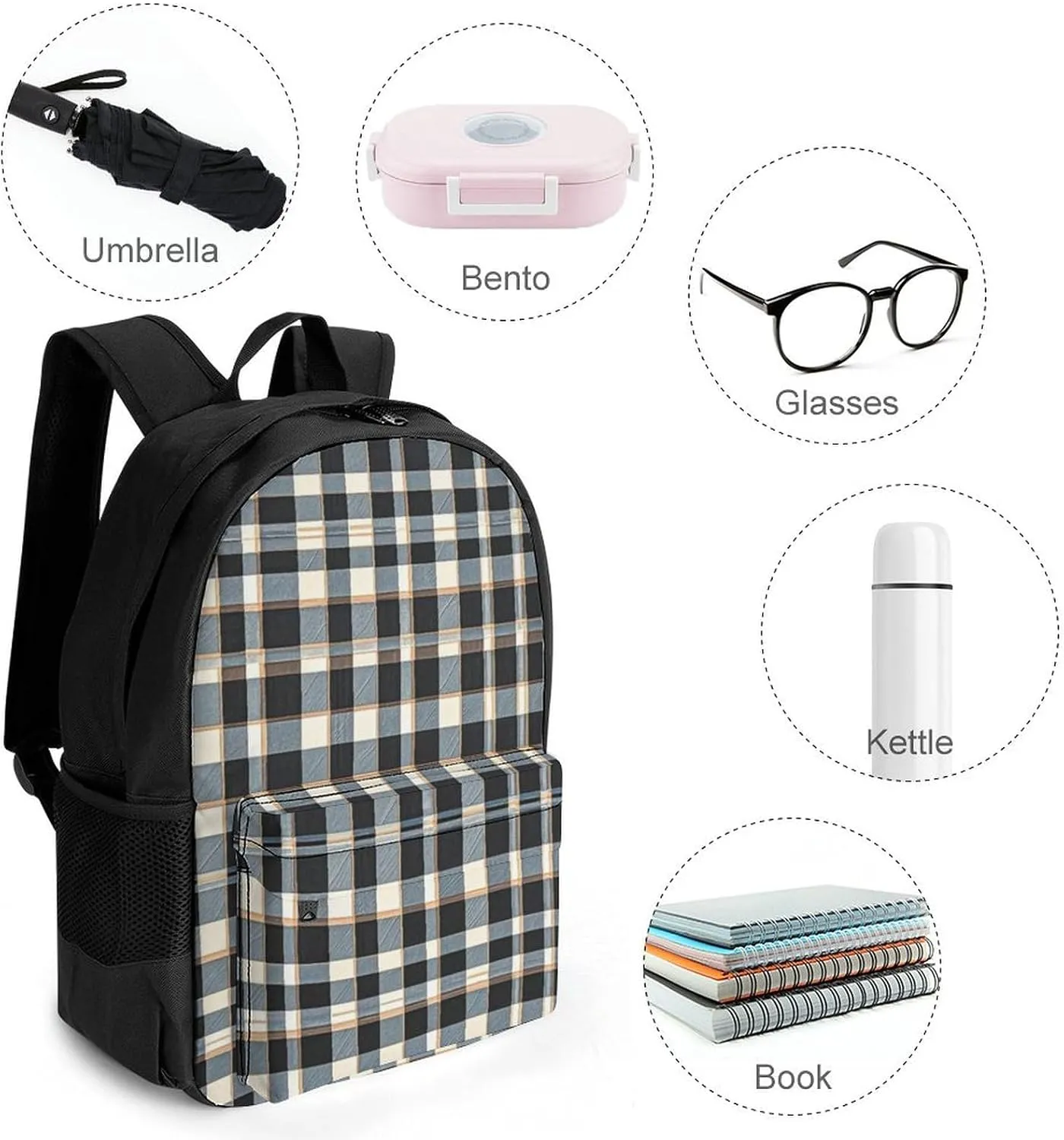 Supdreamc Men Women Lightweight Retro Scottish Tartan Plaid Art Daypack Bookbag Big Capacity Carry On Bag With Side Pockets for Camping Travel Bicycle