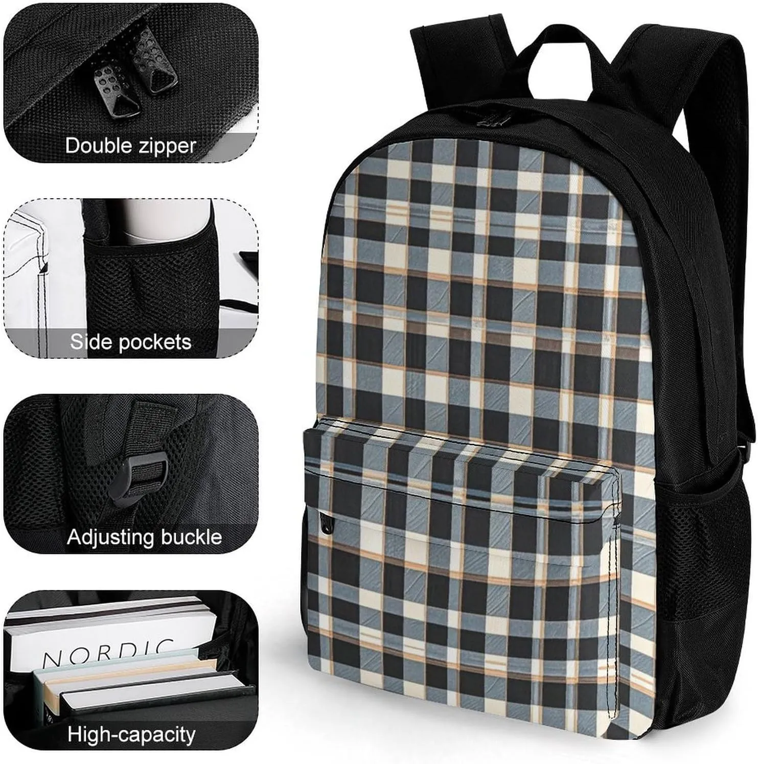 Supdreamc Men Women Lightweight Retro Scottish Tartan Plaid Art Daypack Bookbag Big Capacity Carry On Bag With Side Pockets for Camping Travel Bicycle