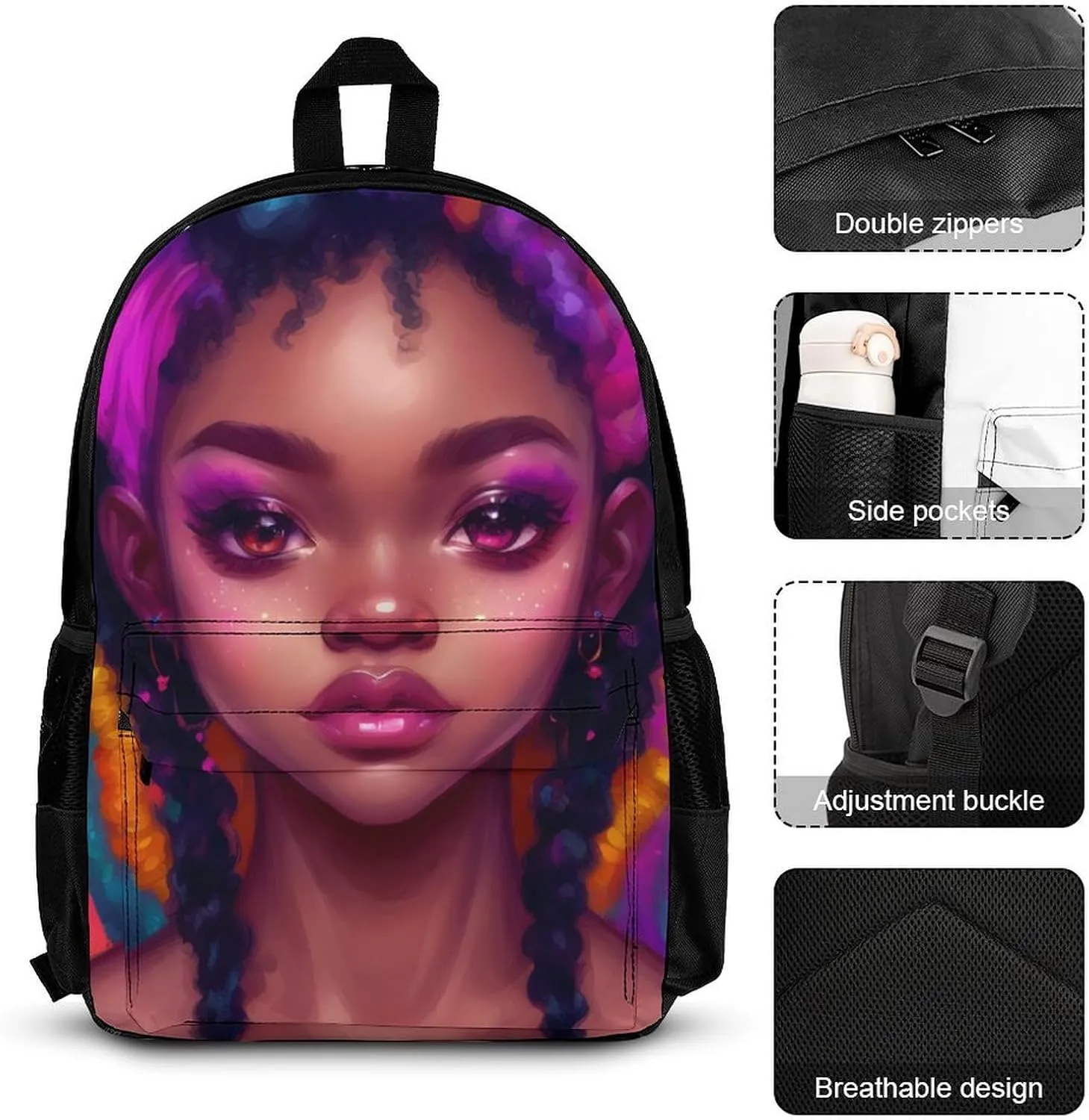 Supdreamc Travel Hiking Bag & Day Pack 3 Piece Daypack Climbing Shoulder Bag Large Capacity Backpack African American Women Black Women Ethnic Art College Bookbag for Adults