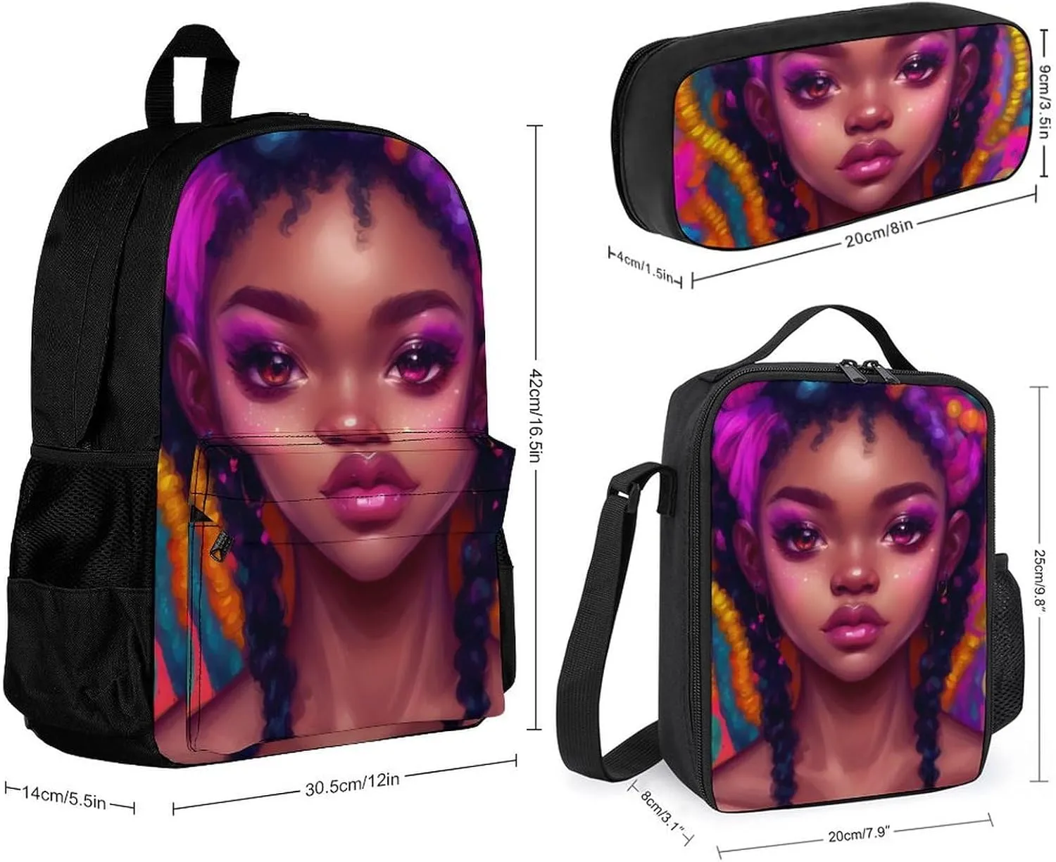 Supdreamc Travel Hiking Bag & Day Pack 3 Piece Daypack Climbing Shoulder Bag Large Capacity Backpack African American Women Black Women Ethnic Art College Bookbag for Adults