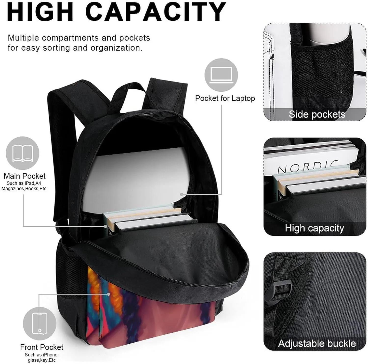 Supdreamc Travel Hiking Bag & Day Pack 3 Piece Daypack Climbing Shoulder Bag Large Capacity Backpack African American Women Black Women Ethnic Art College Bookbag for Adults