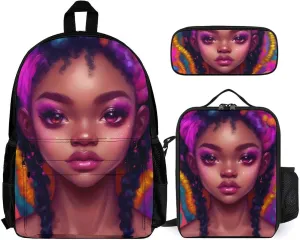 Supdreamc Travel Hiking Bag & Day Pack 3 Piece Daypack Climbing Shoulder Bag Large Capacity Backpack African American Women Black Women Ethnic Art College Bookbag for Adults
