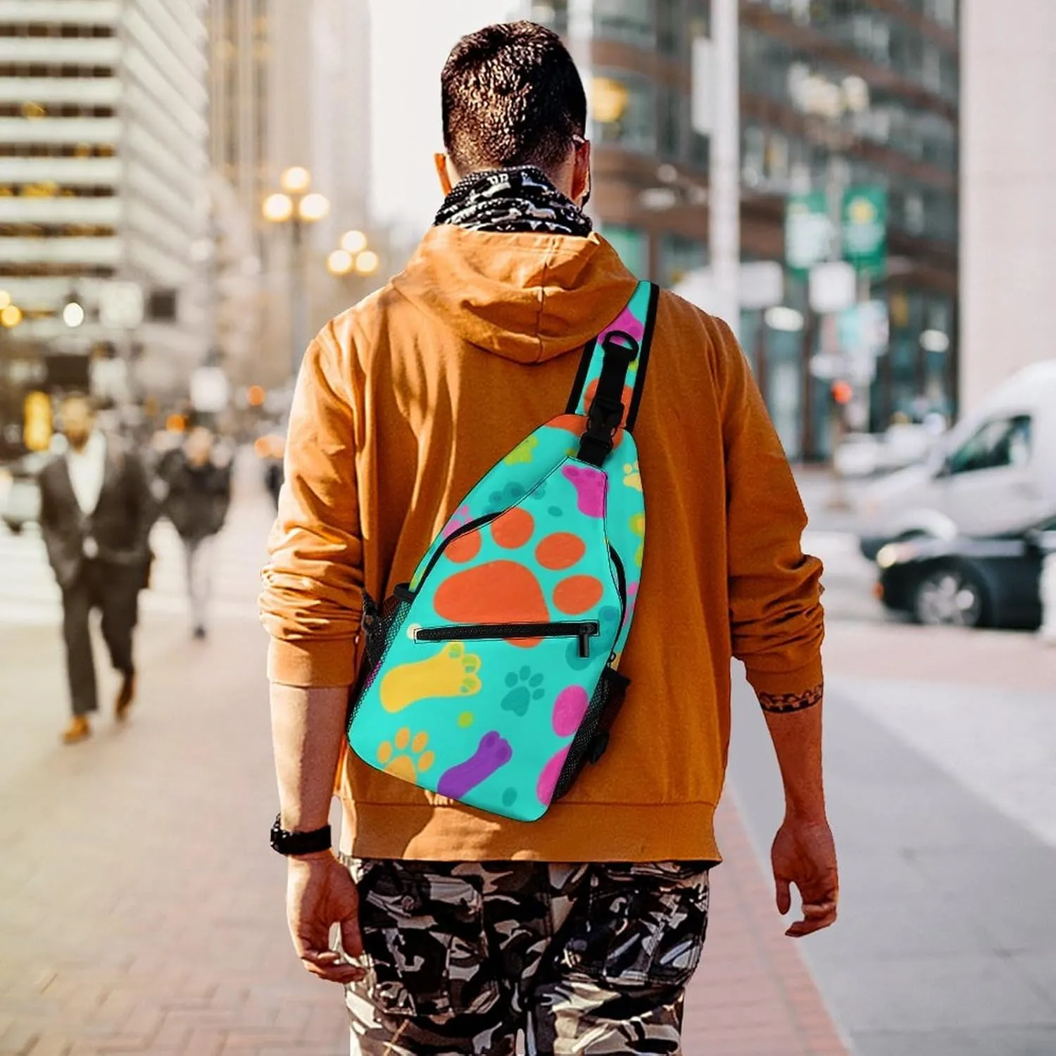 Supdreamc Ultra Lightweight Sling Bag Backpack Shoulder Crossbody Chest Pack Anti-Theft Multipurpose Bag for Outdoor Cycling Hiking Travel (Colorful Dog Bones Paw Prints)