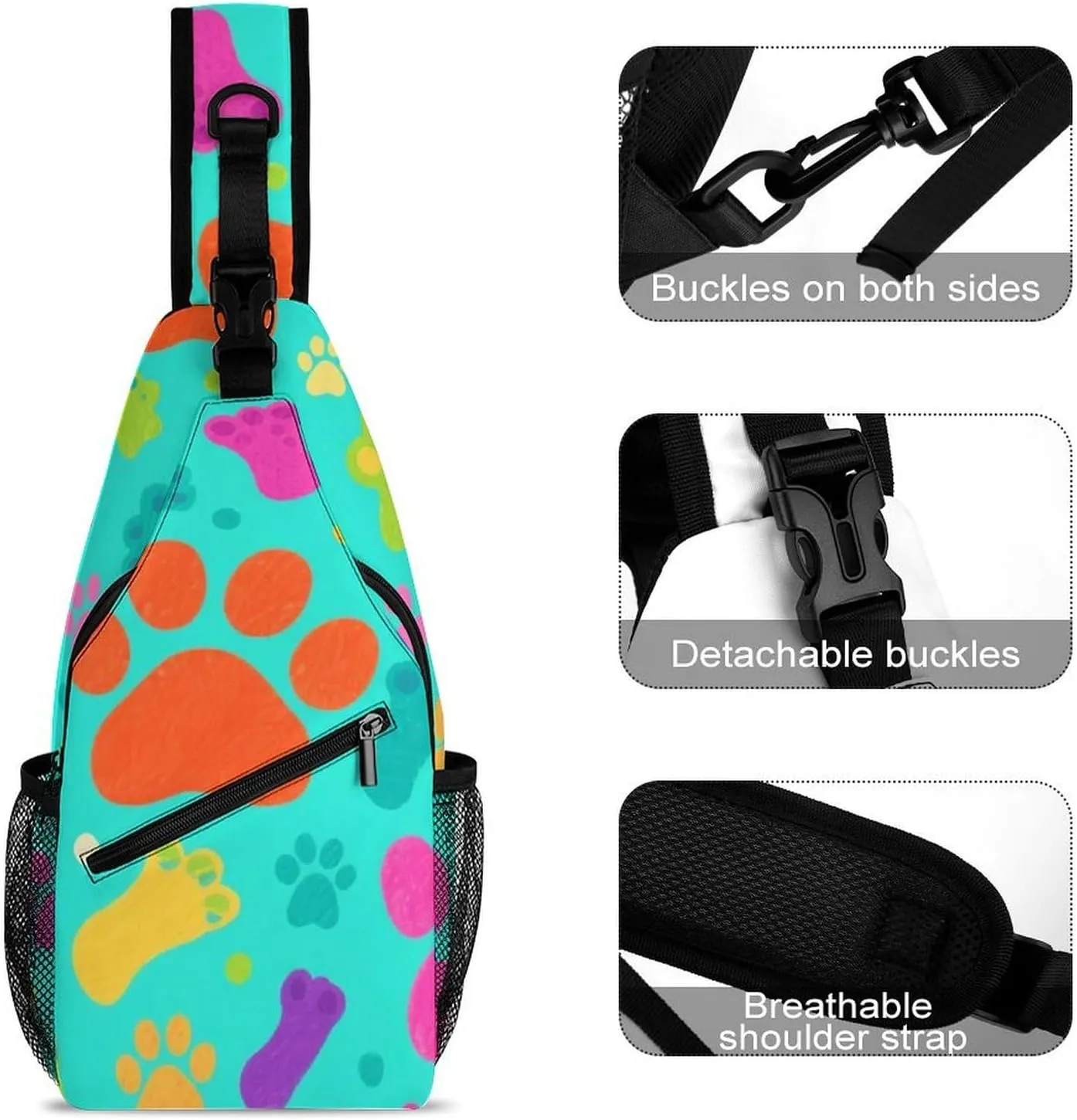Supdreamc Ultra Lightweight Sling Bag Backpack Shoulder Crossbody Chest Pack Anti-Theft Multipurpose Bag for Outdoor Cycling Hiking Travel (Colorful Dog Bones Paw Prints)