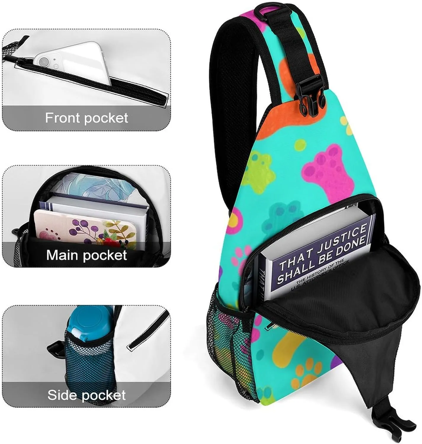 Supdreamc Ultra Lightweight Sling Bag Backpack Shoulder Crossbody Chest Pack Anti-Theft Multipurpose Bag for Outdoor Cycling Hiking Travel (Colorful Dog Bones Paw Prints)