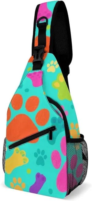 Supdreamc Ultra Lightweight Sling Bag Backpack Shoulder Crossbody Chest Pack Anti-Theft Multipurpose Bag for Outdoor Cycling Hiking Travel (Colorful Dog Bones Paw Prints)