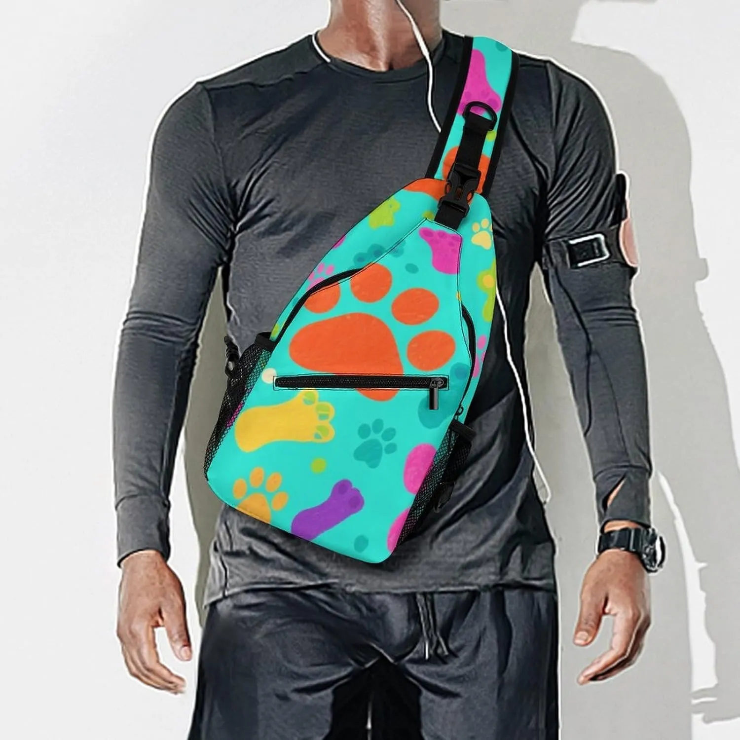 Supdreamc Ultra Lightweight Sling Bag Backpack Shoulder Crossbody Chest Pack Anti-Theft Multipurpose Bag for Outdoor Cycling Hiking Travel (Colorful Dog Bones Paw Prints)