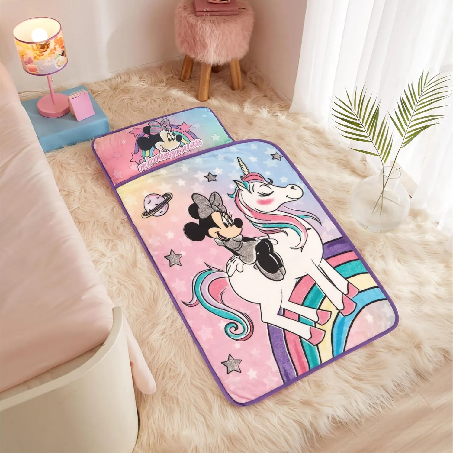 Super Soft Plush Toddler Quilted Nap Mat with Built in Blanket and Pillow