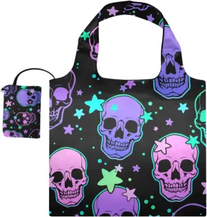 susiyo Bright Human Skulls and Stars Foldable Reusable Grocery Shopping Tote Bag Heavy Duty Eco-friendly Travel Recycle Shoulder Bag Folding to fits in Pocket for Women Men