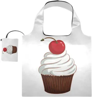 susiyo White Cream Cupcake Foldable Reusable Grocery Shopping Tote Bag Heavy Duty Eco-friendly Travel Recycle Shoulder Bag Folding to fits in Pocket for Women Men