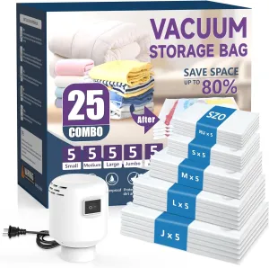 SZO 25 Pack Vacuum Storage Bags With Electric Air Pump,(5 Jumbo/5 Large/5 Medium/5 Small/5 Roll Up Bags) Vacuum Seal bags For Clothing, Space Saver Bags For Luggage, Blankets, Bedding, Moving