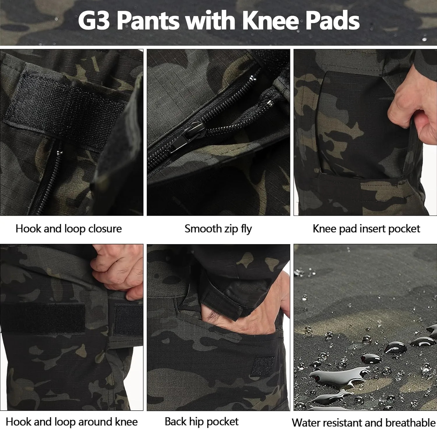 Tactical Pants for Men G3 Combat Pants with Knee Pads Waterproof Camo Cargo Pants for Airsoft Paintball