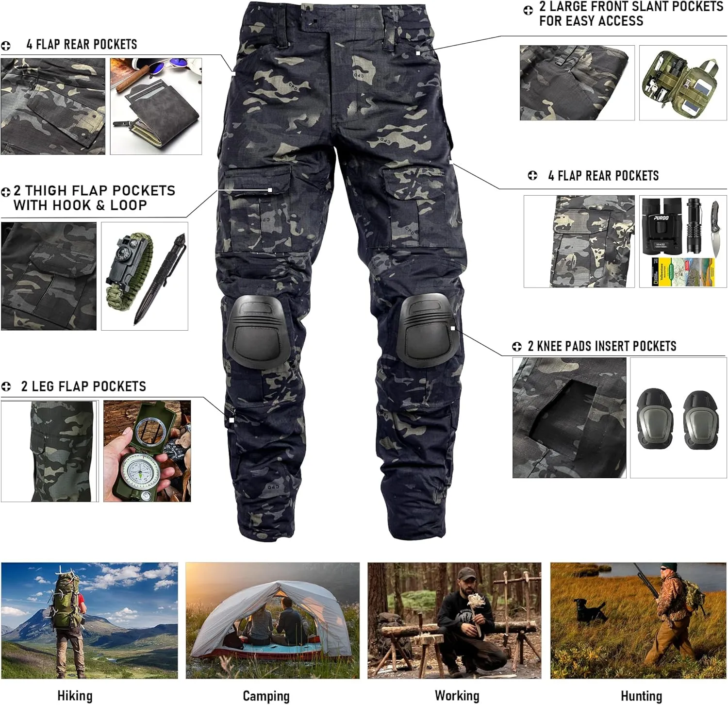 Tactical Pants for Men G3 Combat Pants with Knee Pads Waterproof Camo Cargo Pants for Airsoft Paintball