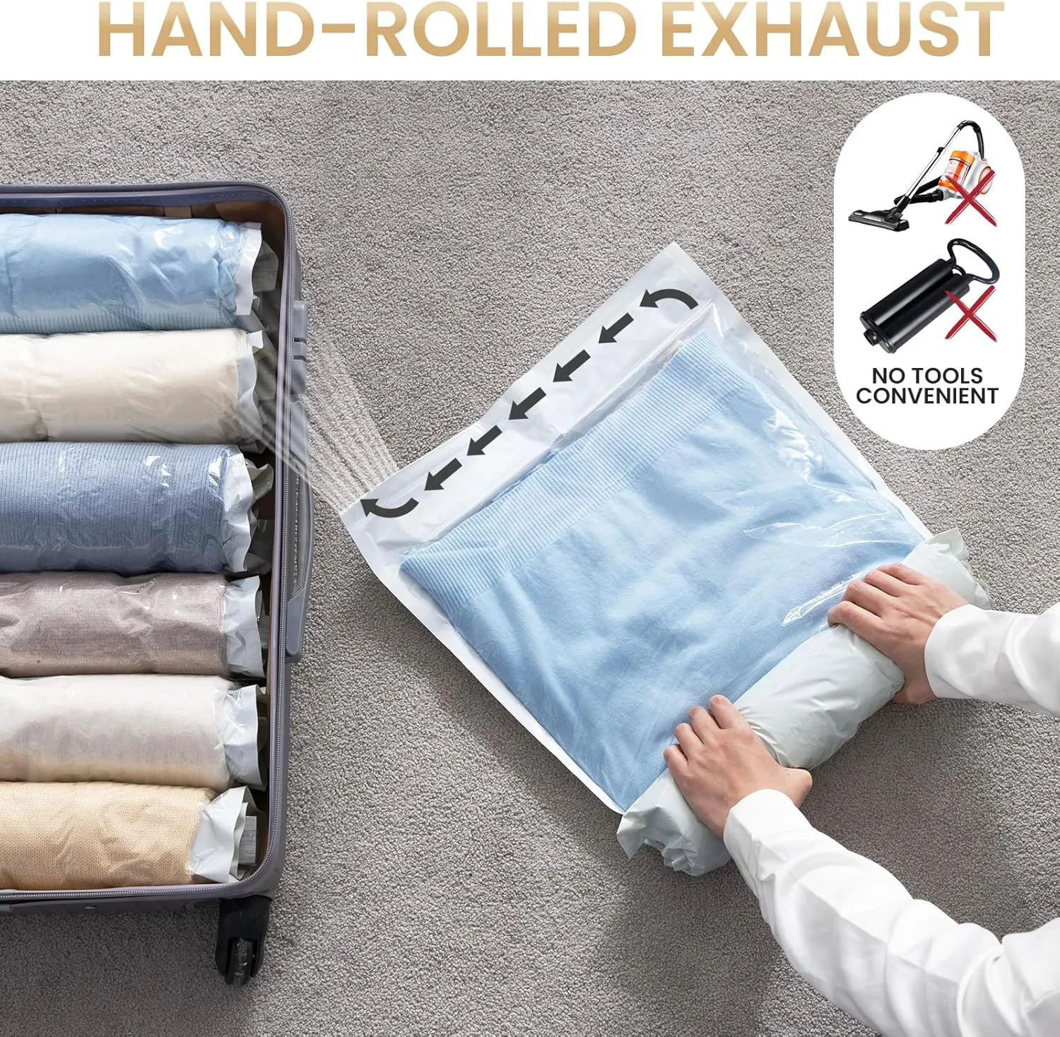 TAILI 15 Travel Compression Bags, Roll Up Space Saver Bags (5 Small 5 Medium 5 Large), Hand Roll Packing Storage Bags for Luggage, Suitcase and Cruises, No Pump or Vacuum Needed, Cream