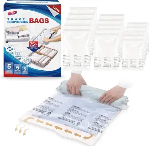 TAILI 15 Travel Compression Bags, Roll Up Space Saver Bags (5 Small 5 Medium 5 Large), Hand Roll Packing Storage Bags for Luggage, Suitcase and Cruises, No Pump or Vacuum Needed, Cream