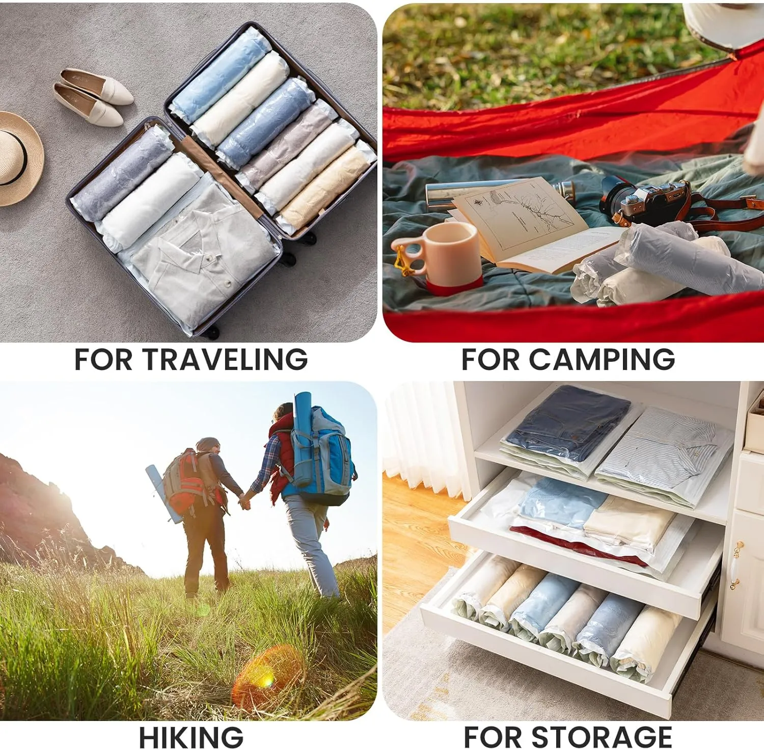 TAILI 15 Travel Compression Bags, Roll Up Space Saver Bags (5 Small 5 Medium 5 Large), Hand Roll Packing Storage Bags for Luggage, Suitcase and Cruises, No Pump or Vacuum Needed, Cream