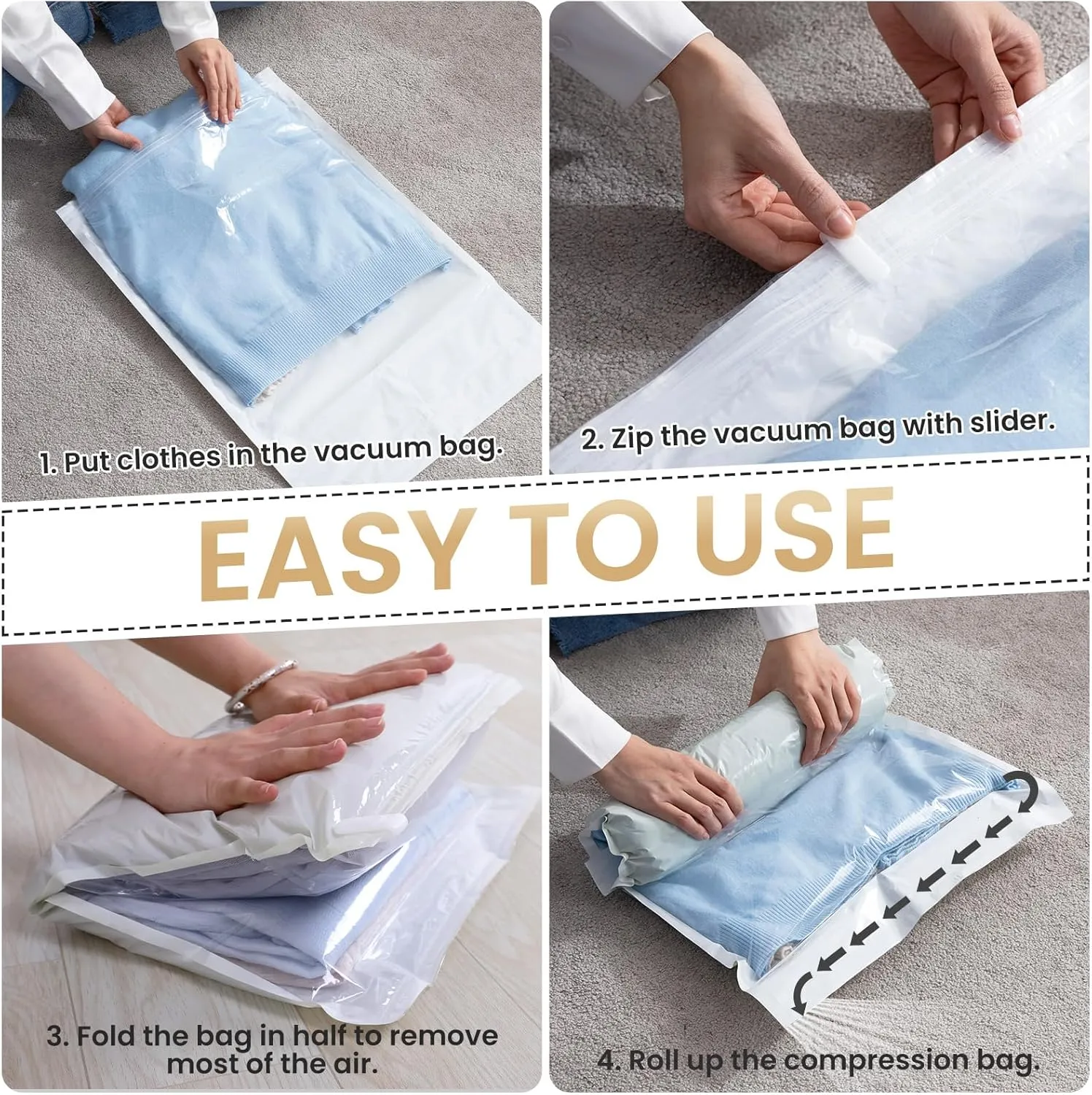 TAILI 15 Travel Compression Bags, Roll Up Space Saver Bags (5 Small 5 Medium 5 Large), Hand Roll Packing Storage Bags for Luggage, Suitcase and Cruises, No Pump or Vacuum Needed, Cream