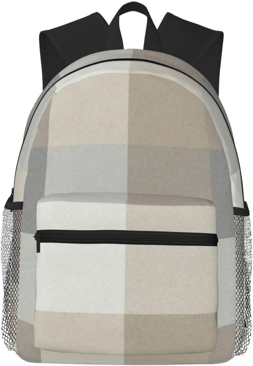 Tan, Gray, And Ivory Plaid Lightweight Packable Backpack Travel Casual Hiking Daypack Foldable Backpack For Men Women