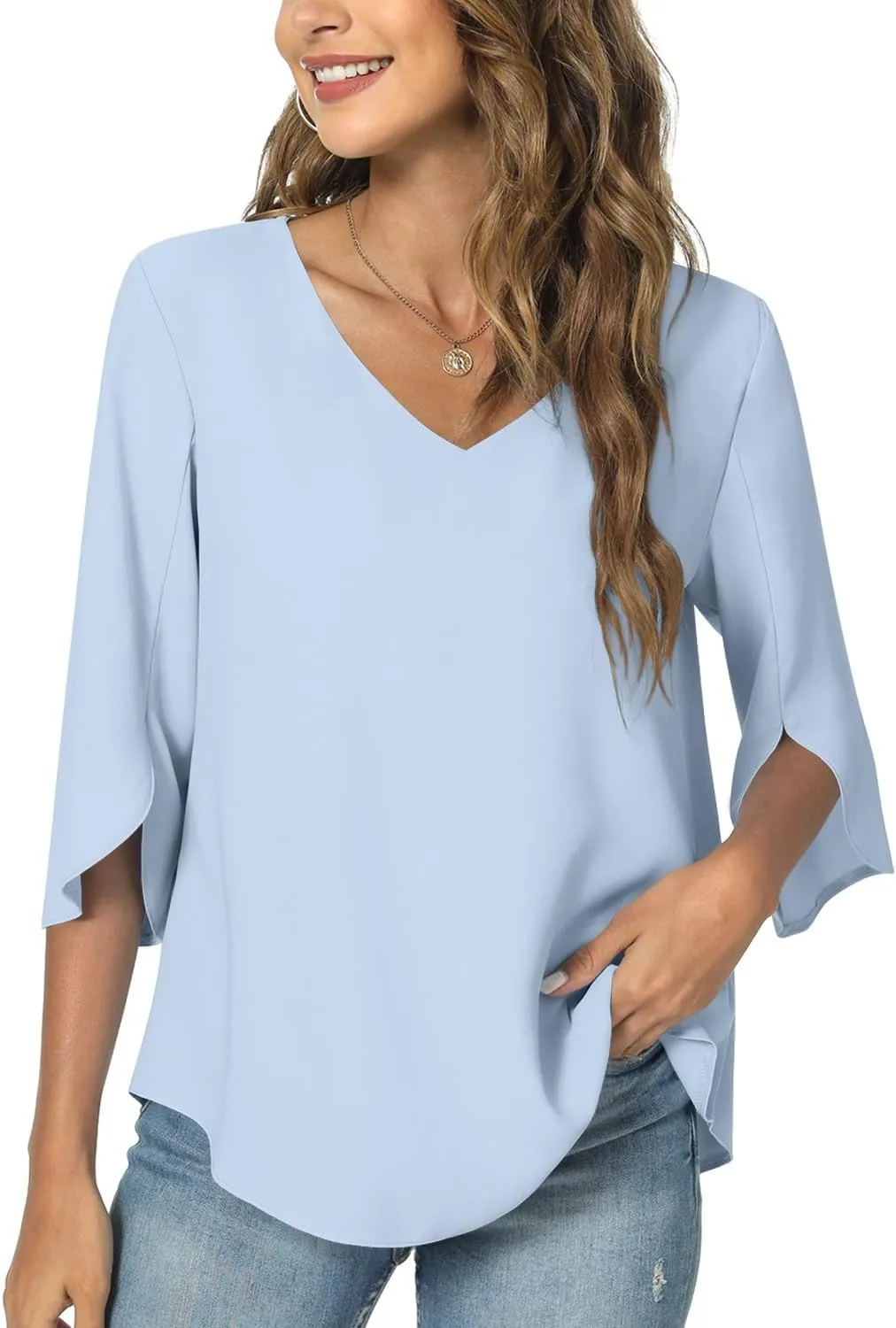 TAOHUADAO Womens 2025 Summer 3/4 Sleeve Tunic Tops Chiffon Work Blouse V-Neck Dressy Casual Shirt